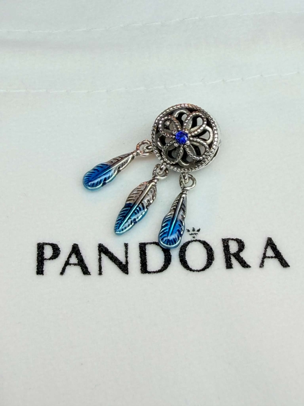 Pandora Silver Dreamcatcher Charm with Blue Enamel Feathers and Blue Centerstone